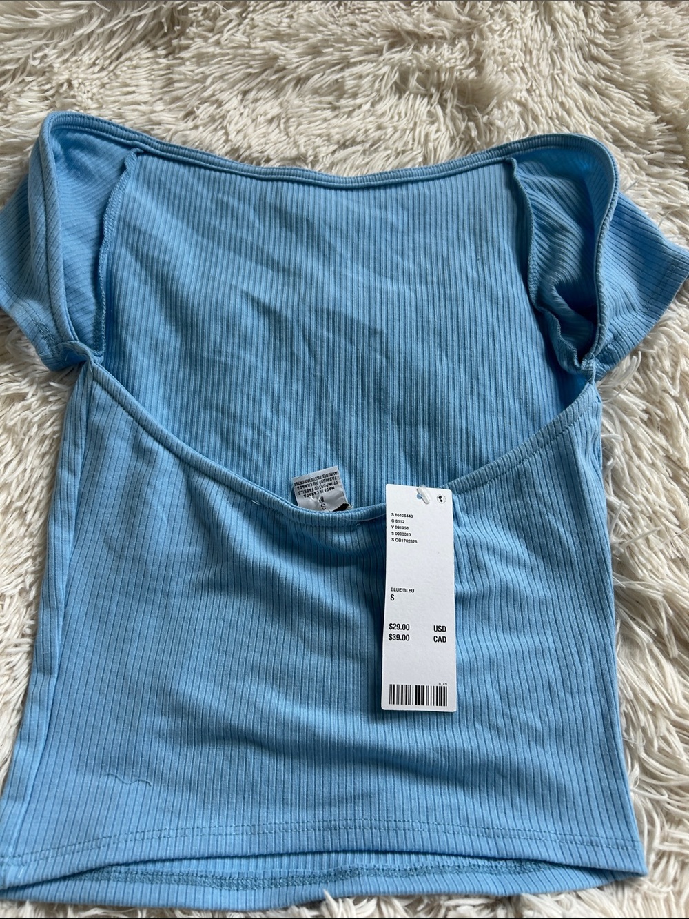Urban Outfitters Light Blue Ribbed Off-Shoulder Crop Top